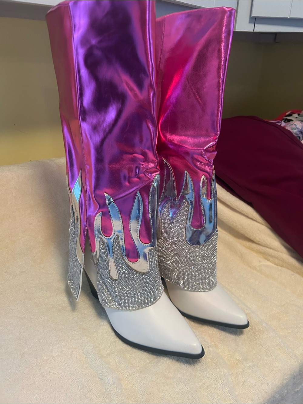 Stunning Metallic Pink & Silver Flame Knee-High Heeled Boots
